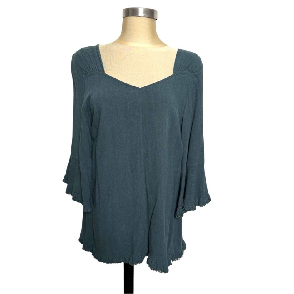 Umgee Boho Flowy Tunic Top Slate Blue Bell Sleeve Frayed Hem M - Picture 3 of 10